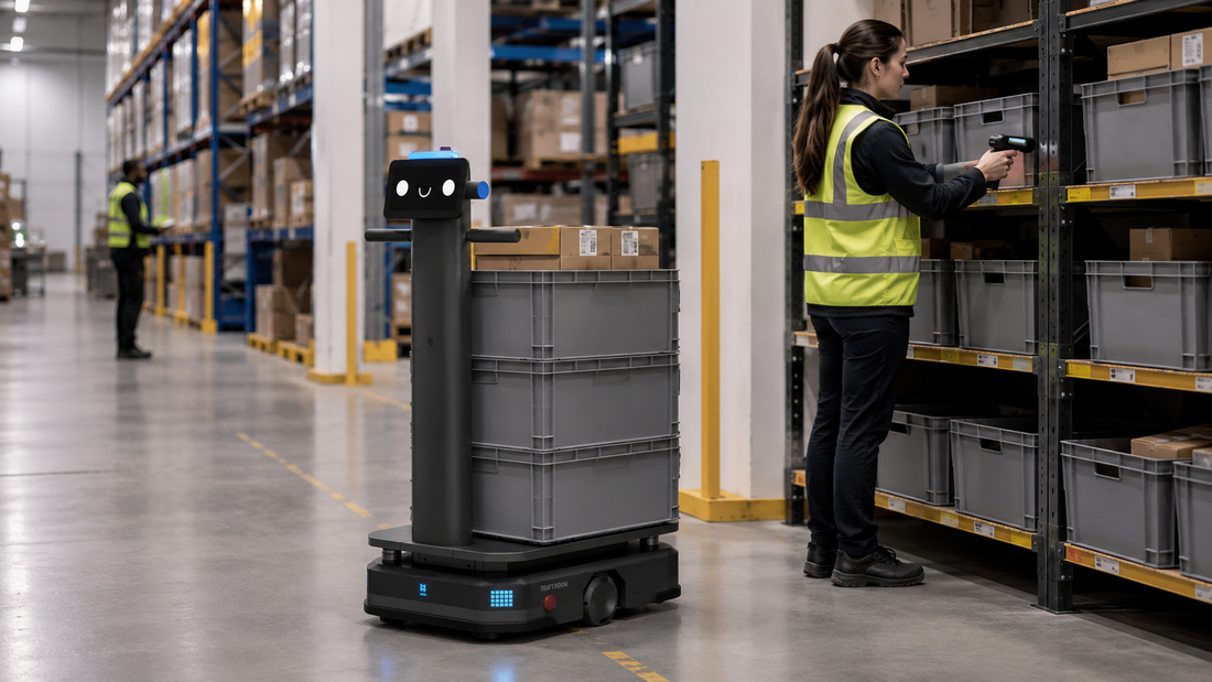 PUDU T300 autonomous material-handling robot transporting totes and cartons for warehouse replenishment.