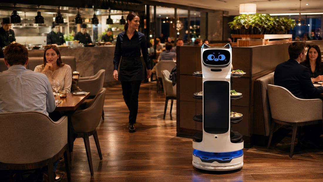 BellaBot Pro delivery robot carrying plated dishes through a busy modern restaurant.