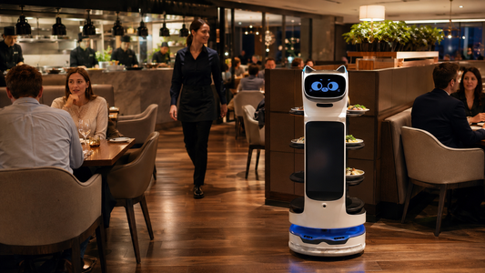 Le robot de livraison BellaBot Pro transporte des plats dans un restaurant moderne et animé.