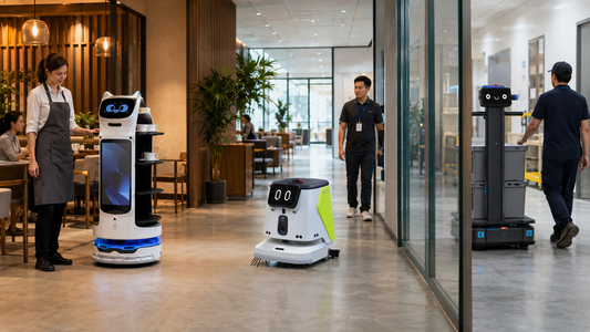 BellaBot Pro, PUDU CC1 and PUDU T300 supporting service, cleaning and material handling in a commercial facility