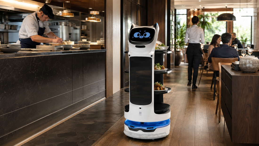 PUDU BellaBot Pro carrying plated meals from the kitchen into a busy restaurant dining room