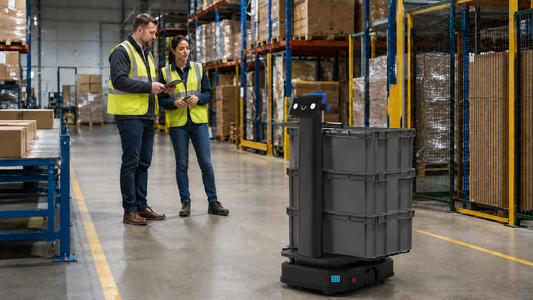 PUDU T300 carrying warehouse totes as two employees evaluate the transport route and handoff area