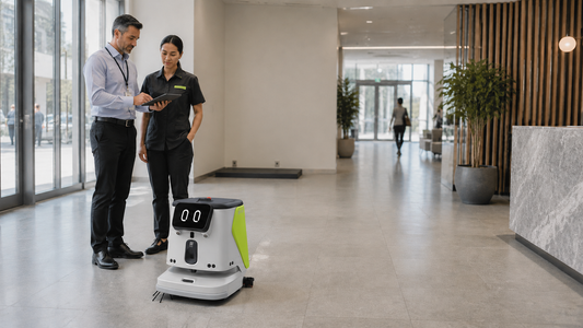 Facilities manager and cleaning team member planning a PUDU CC1 deployment in a commercial lobby