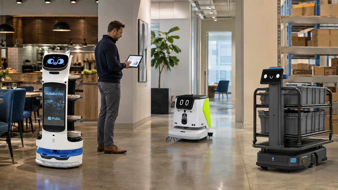 BellaBot Pro, PUDU CC1 and PUDU T300 supporting restaurant service, floor cleaning and material handling