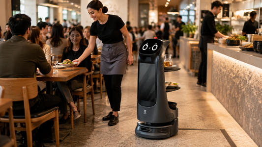 Server delivering a meal beside a PUDU KettyBot Pro in a busy modern restaurant