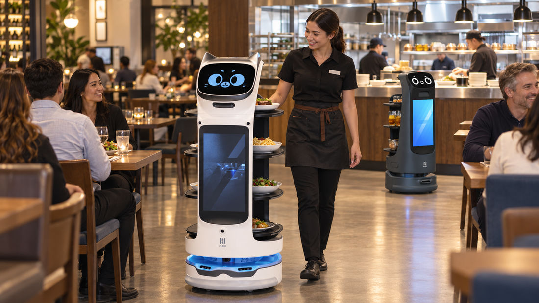 BellaBot Pro and KettyBot Pro carrying food and drinks with a server in a busy casual-dining restaurant
