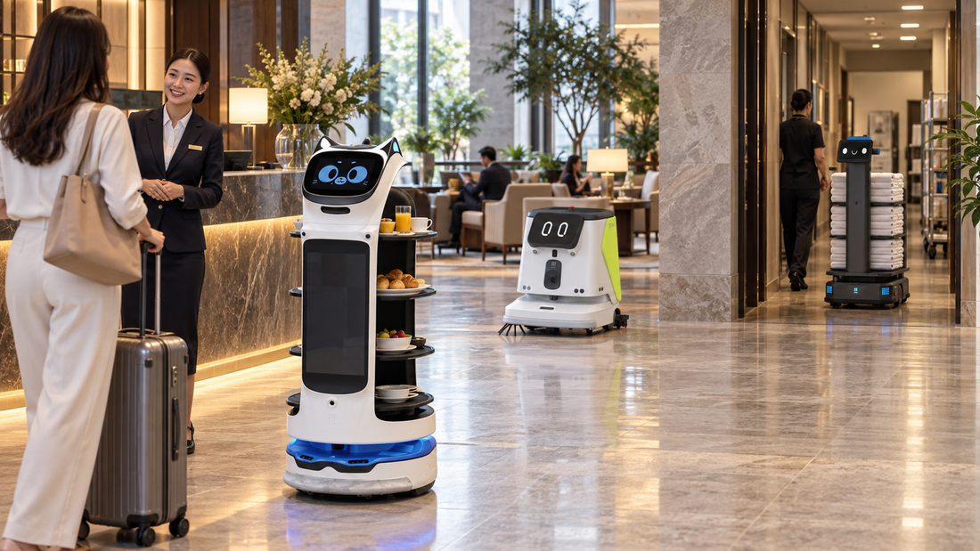 BellaBot Pro, PUDU CC1 and PUDU T300 supporting service, floor cleaning and linen transport in a modern hotel