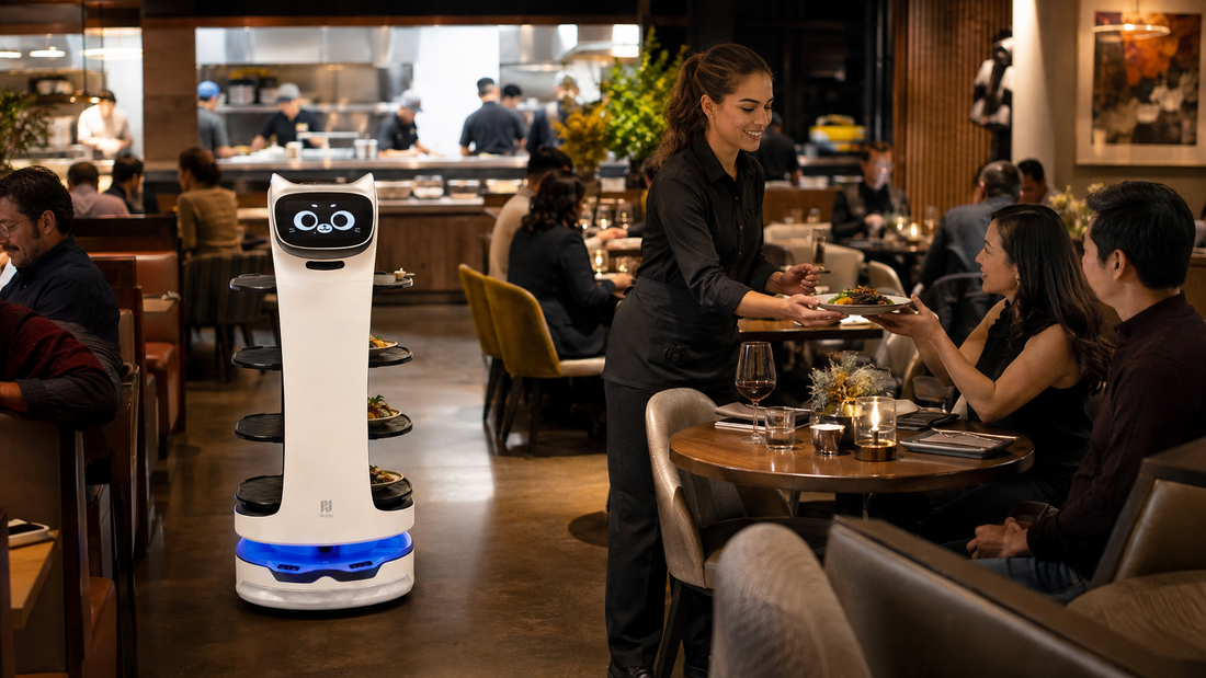 BellaBot Pro carrying plated meals while a food runner serves guests in a busy restaurant