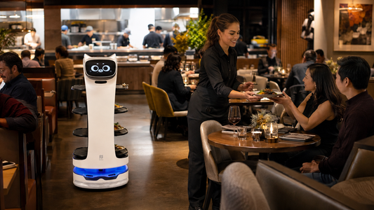 BellaBot Pro carrying plated meals while a food runner serves guests in a busy restaurant
