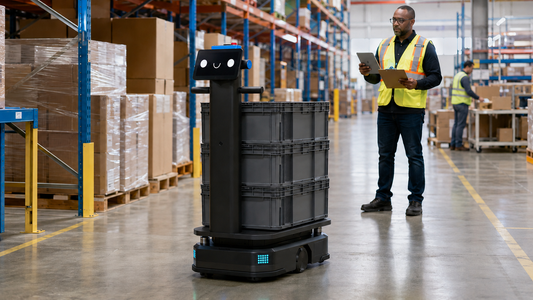 PUDU T300 carrying industrial totes while a warehouse manager evaluates the AMR deployment route