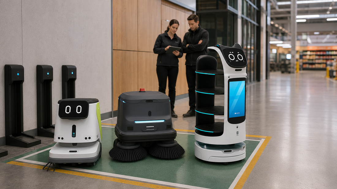 Robots de service et de nettoyage commerciaux préparés pour leur mise en œuvre dans un bâtiment commercial moderne.
