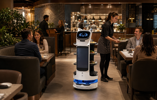 PUDU BellaBot Pro carrying plated meals through a busy modern restaurant while staff provide attentive table service.