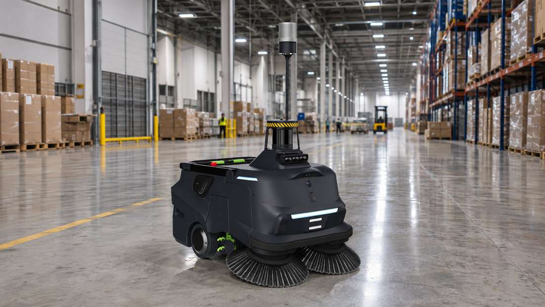 Robot de nettoyage autonome MT1 Max en fonctionnement dans un grand centre de distribution commercial.