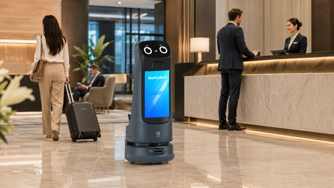 Le robot de service KettyBot opère dans le hall d'un hôtel moderne aux côtés du personnel et des clients.