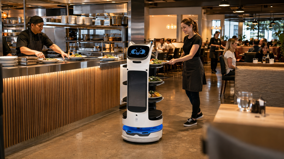 PUDU BellaBot Pro carrying plated meals from an open kitchen pass into a busy restaurant dining room.