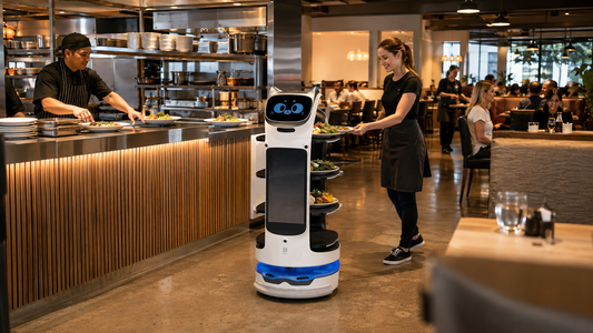 PUDU BellaBot Pro carrying plated meals from an open kitchen pass into a busy restaurant dining room.