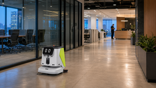 Le robot de nettoyage autonome PUDU CC1 Pro fonctionne après les heures de bureau dans un couloir de bureaux d'entreprise moderne.