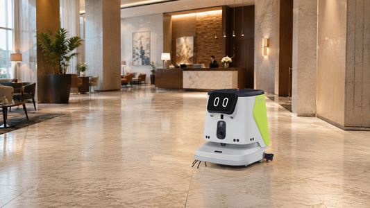 Le robot de nettoyage autonome PUDU CC1 Pro assure l'entretien du sol poli du hall d'un hôtel moderne.