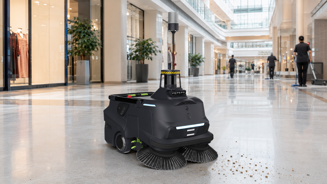 Balayeuse autonome PUDU MT1 Max nettoyant le hall d'un grand centre commercial intérieur.