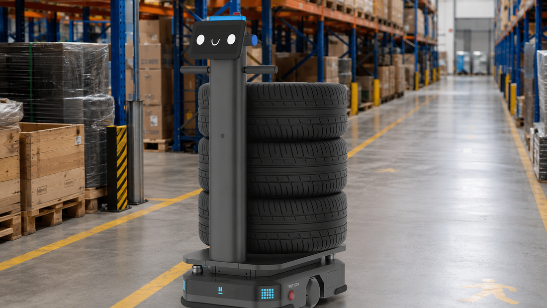 Robot de transport autonome PUDU T300 déplaçant des pneus dans un entrepôt organisé.