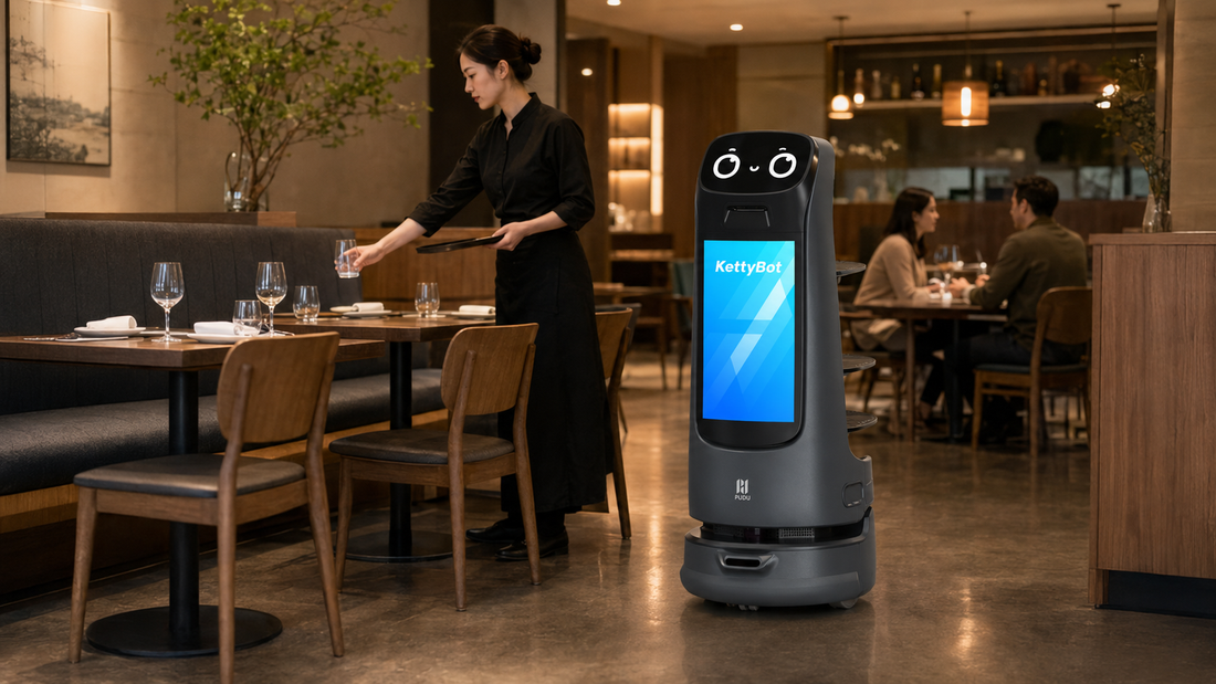 Robot de service KettyBot assurant le bon fonctionnement de la salle dans un restaurant contemporain.