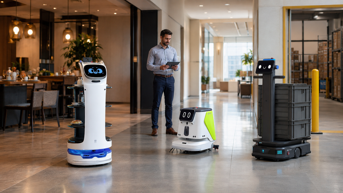 BellaBot Pro, PUDU CC1 Pro and PUDU T300 supporting restaurant, cleaning and material-handling operations.